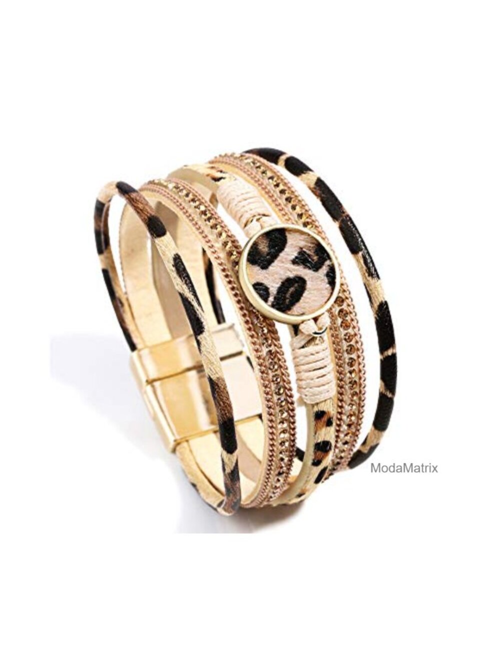 Leopard Print Boho Leather Wrap Multi-Layer Pearl Crystal Bracelet Bangle